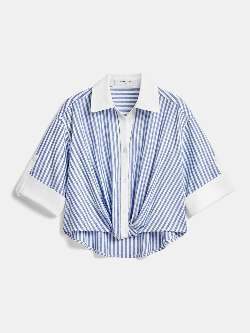 Commense Blue and White Striped Tie-Front Button Down Shirt